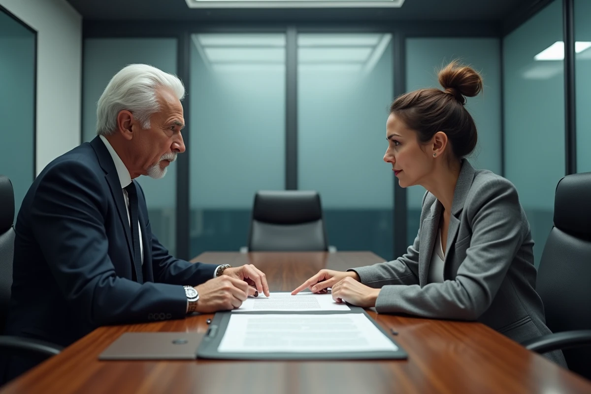 Deux professionnels autour d'une table de réunion montrent des clauses différentes dans un même contrat, illustrant un délai asymétrique entre parties