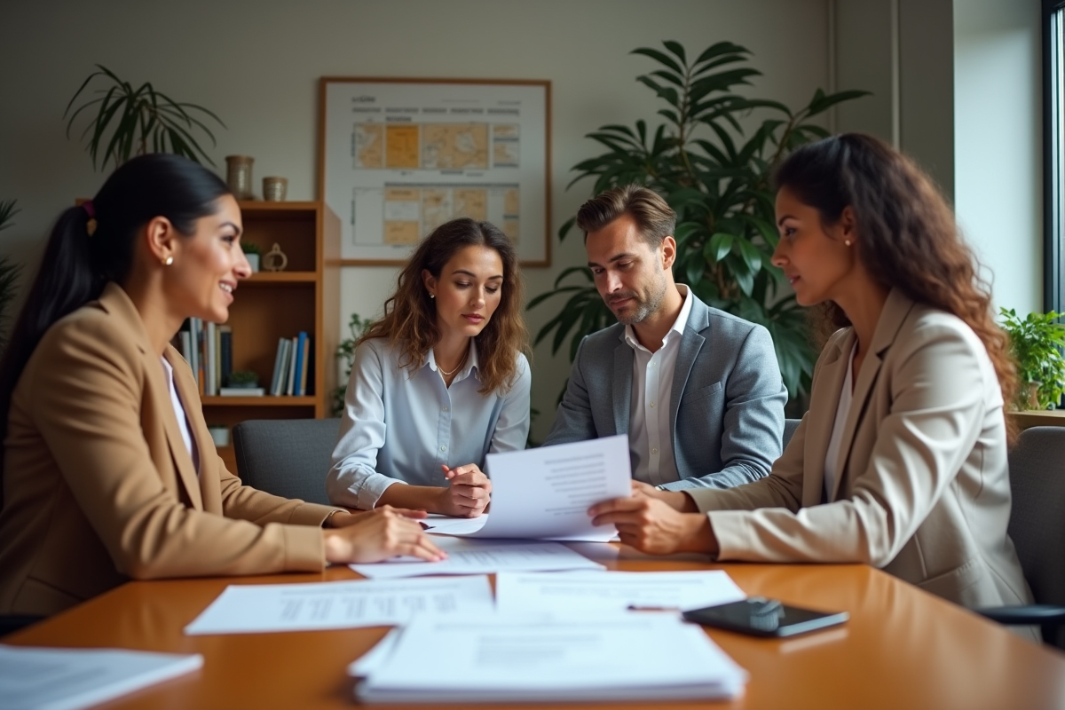 Groupe de collègues examinant des documents dans une salle de réunion