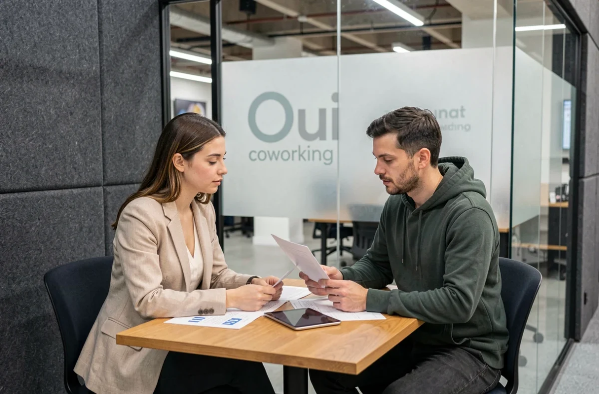 Deux freelances collaborant dans une cabine de réunion vitrée d'un espace de coworking avec signalétique Oui coworking