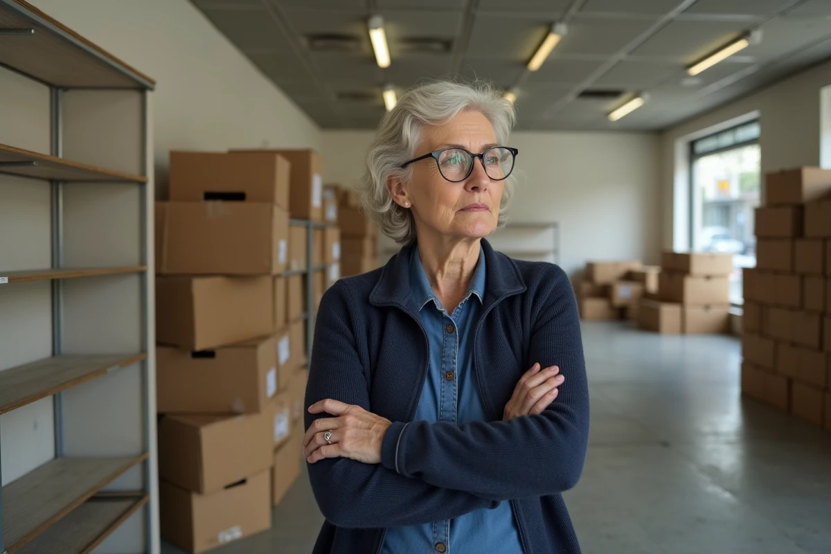 Commerçante française debout dans son magasin vide en cours de fermeture, entourée de rayonnages vides et de cartons
