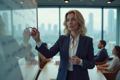 Femme professionnelle animant une réunion dans une salle de conférence moderne, illustrant la communication impactante en entreprise