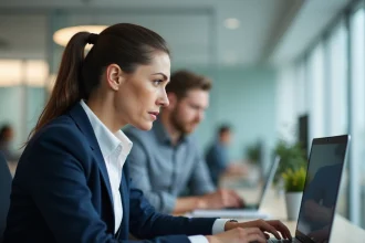 Femme professionnelle face à un message d'erreur de compte bloqué sur IntraParis au bureau