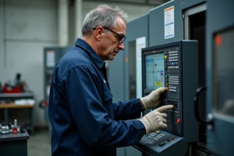 Opérateur CNC configurant les paramètres de précision sur le panneau de commande d'une fraiseuse CNC en atelier industriel
