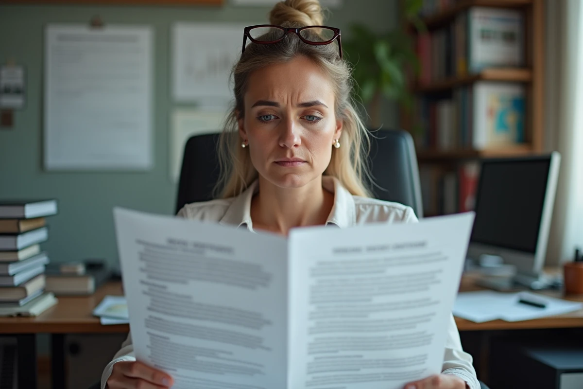 Une femme compare deux contrats imprimés côte à côte, illustrant la confusion entre délai de rétractation et délai de réflexion