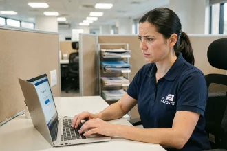 Employée La Poste cherchant à se connecter à GTM extra sur un ordinateur portable dans un bureau logistique
