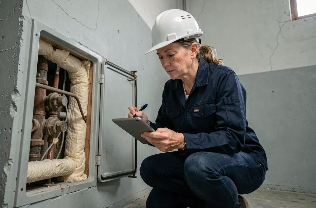 Conseillère en rénovation énergétique inspectant une installation de chauffage ancienne dans un local technique résidentiel