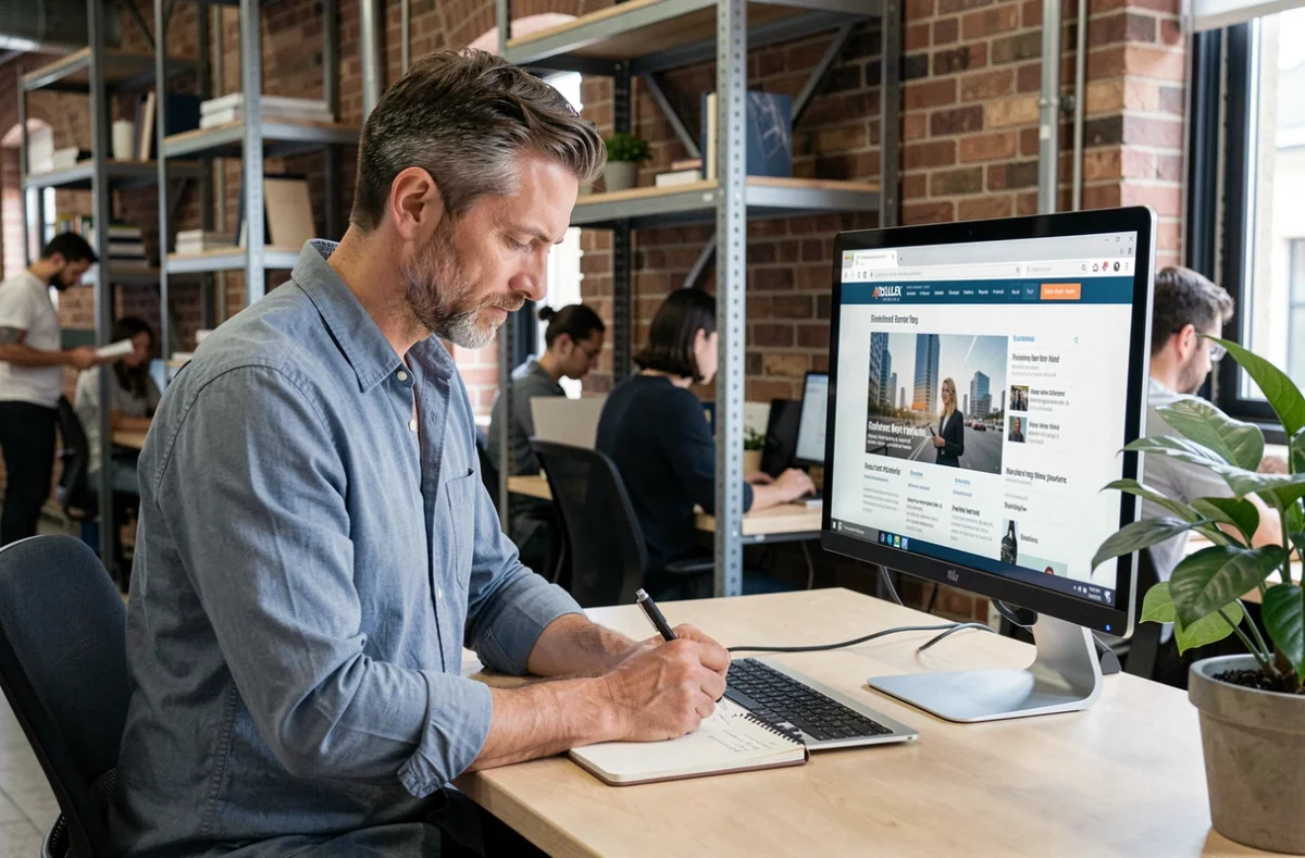 Consultant indépendant consultant l'actualité PME sur un écran dans un espace de coworking moderne