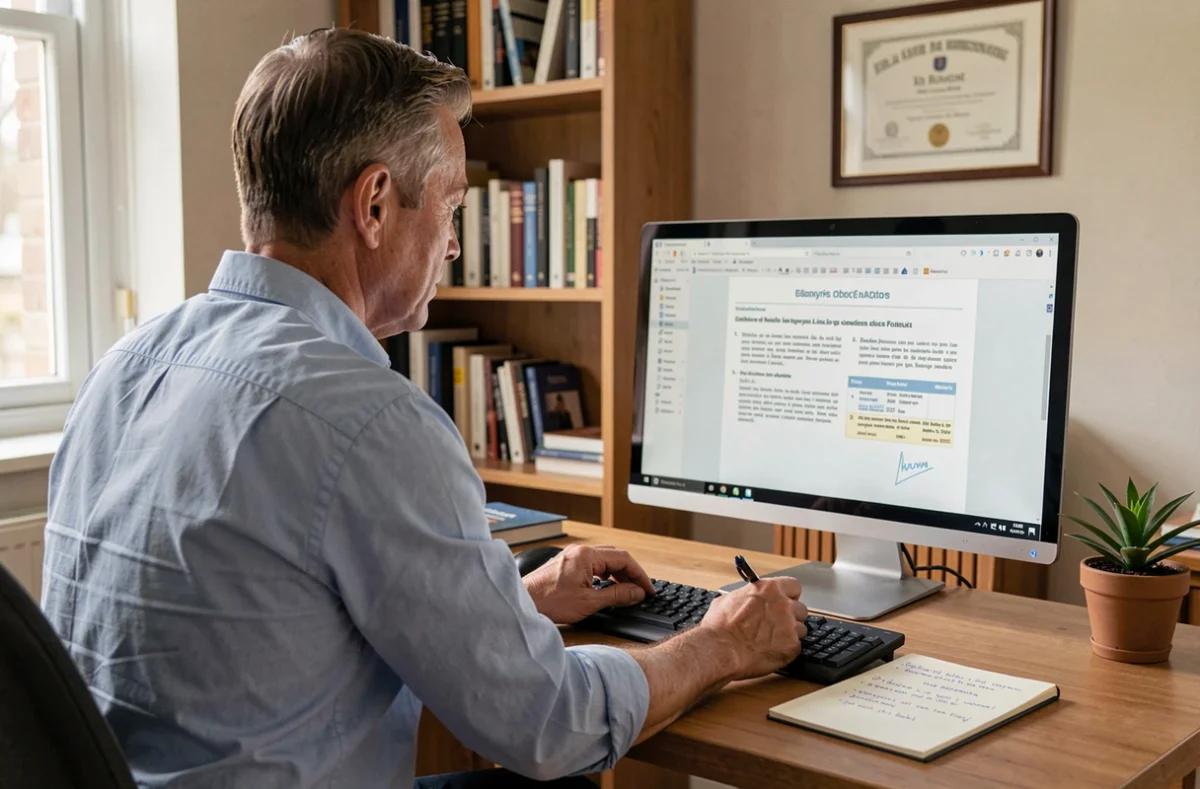 Consultant indépendant en télétravail analysant les termes de la convention collective du portage salarial sur son ordinateur
