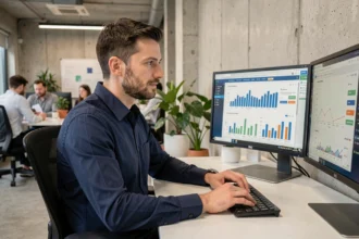 Consultant SEO analysant des tableaux de bord de référencement naturel dans une agence digitale moderne de la Somme