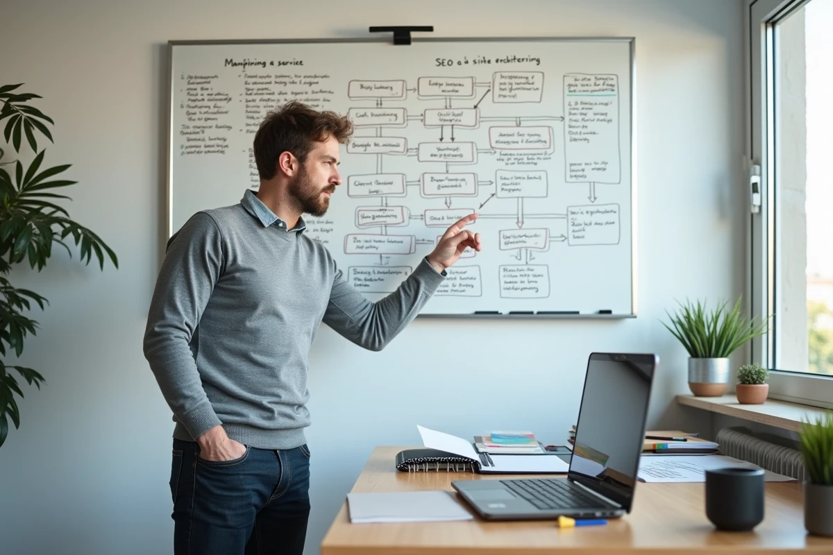 Consultant SEO présentant une architecture de site vitrine SaaS roumain sur tableau blanc dans une agence digitale