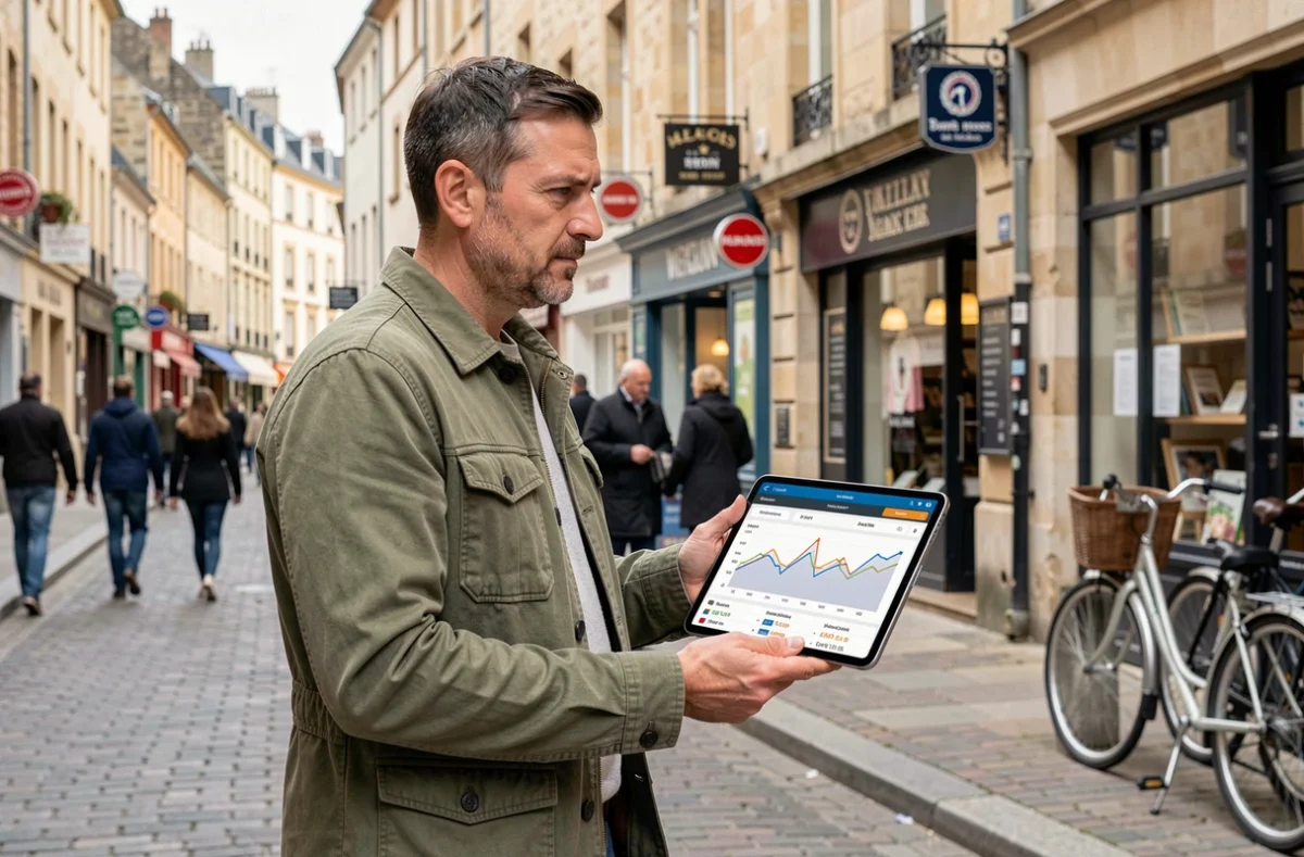 Consultant territorial en terrain observant les données économiques locales sur tablette dans une rue commerçante de ville moyenne