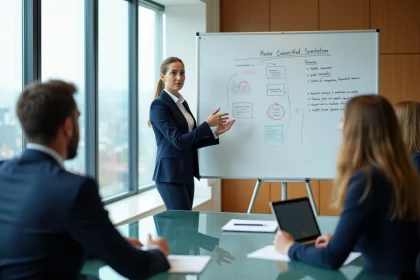 Consultante experte animant une session de conseil stratégique en entreprise dans une salle de réunion moderne