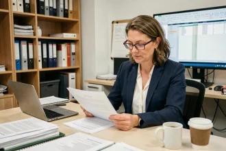 Consultante comptable experte analysant des documents financiers dans un bureau de PME moderne