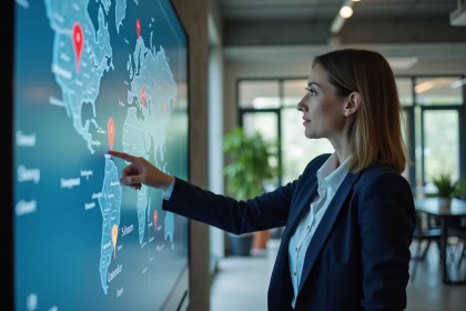 Consultante en implantation d'entreprise analysant une carte interactive des opportunités territoriales dans un bureau moderne