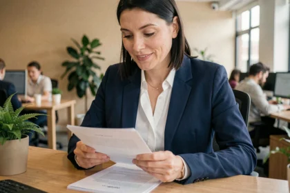 Consultante en portage salarial examinant ses documents de congés payés dans un bureau moderne