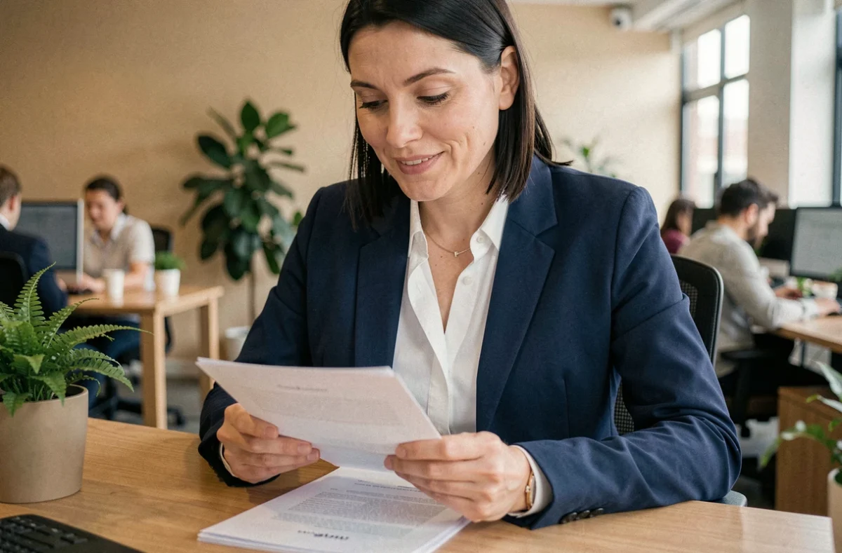Consultante en portage salarial examinant ses documents de congés payés dans un bureau moderne