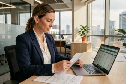 Consultante en portage salarial analysant les critères tarifaires d'un contrat dans un bureau moderne