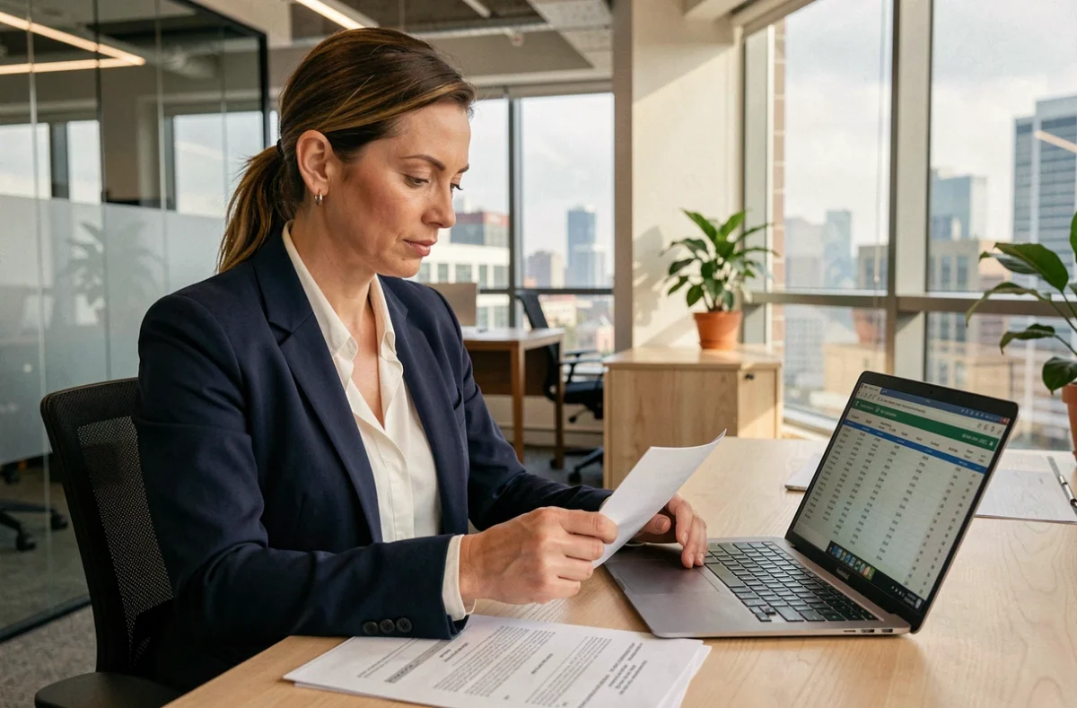 Consultante en portage salarial analysant les critères tarifaires d'un contrat dans un bureau moderne