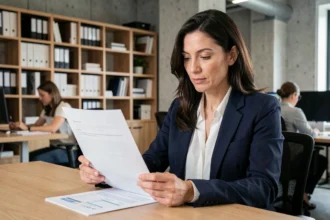 Consultante en portage salarial examinant un contrat de prestation de service dans un espace de coworking moderne