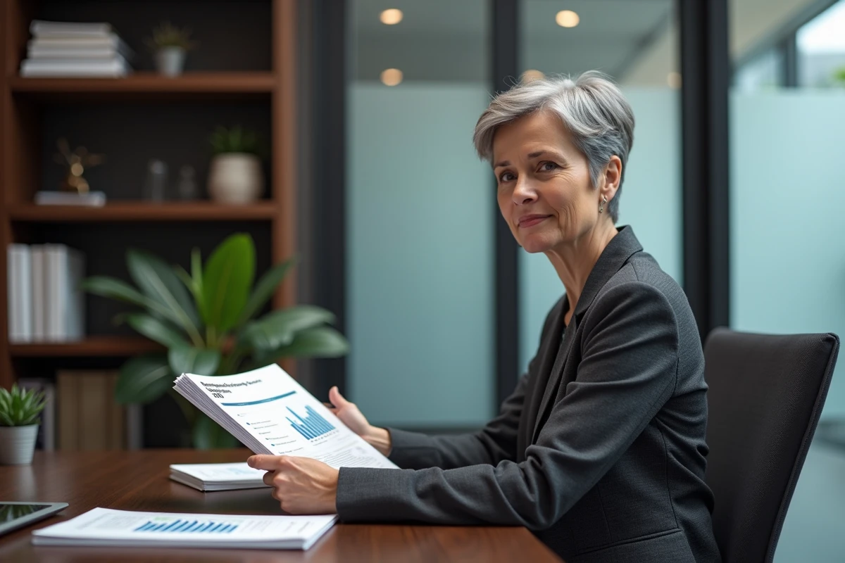 Consultante senior analysant un rapport sur les systèmes de management américain dans un bureau exécutif moderne