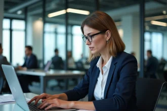 Employée de bureau consultant les coordonnées du CSE Dassault sur son ordinateur portable dans un open space moderne