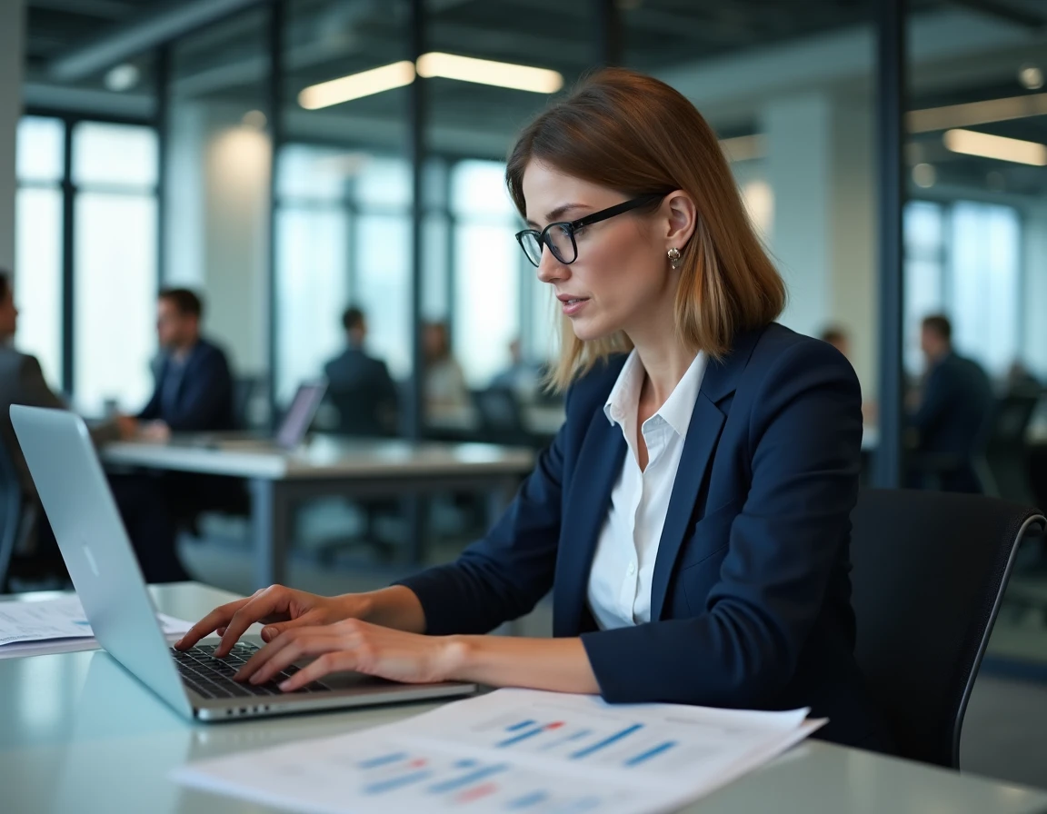 Employée de bureau consultant les coordonnées du CSE Dassault sur son ordinateur portable dans un open space moderne