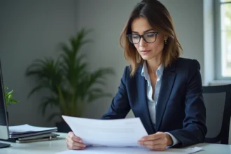 Femme professionnelle consultant des documents administratifs liés à l'inspection du travail dans un bureau officiel