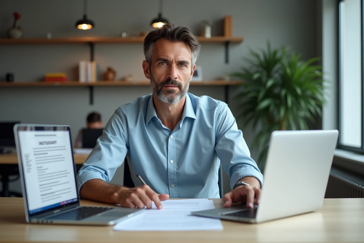 Un homme compare deux documents juridiques sur deux ordinateurs portables, avec un contrat bilingue ouvert, illustrant les divergences de définition dans les contrats transfrontaliers