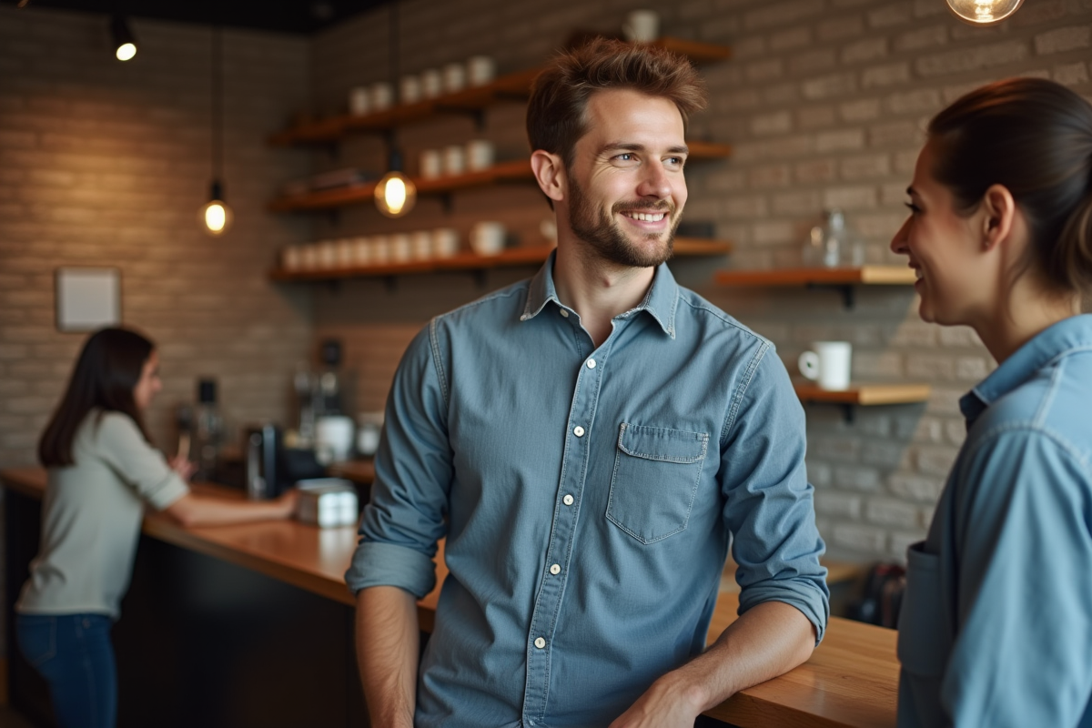 Homme détendu discutant avec une commerçante dans un café