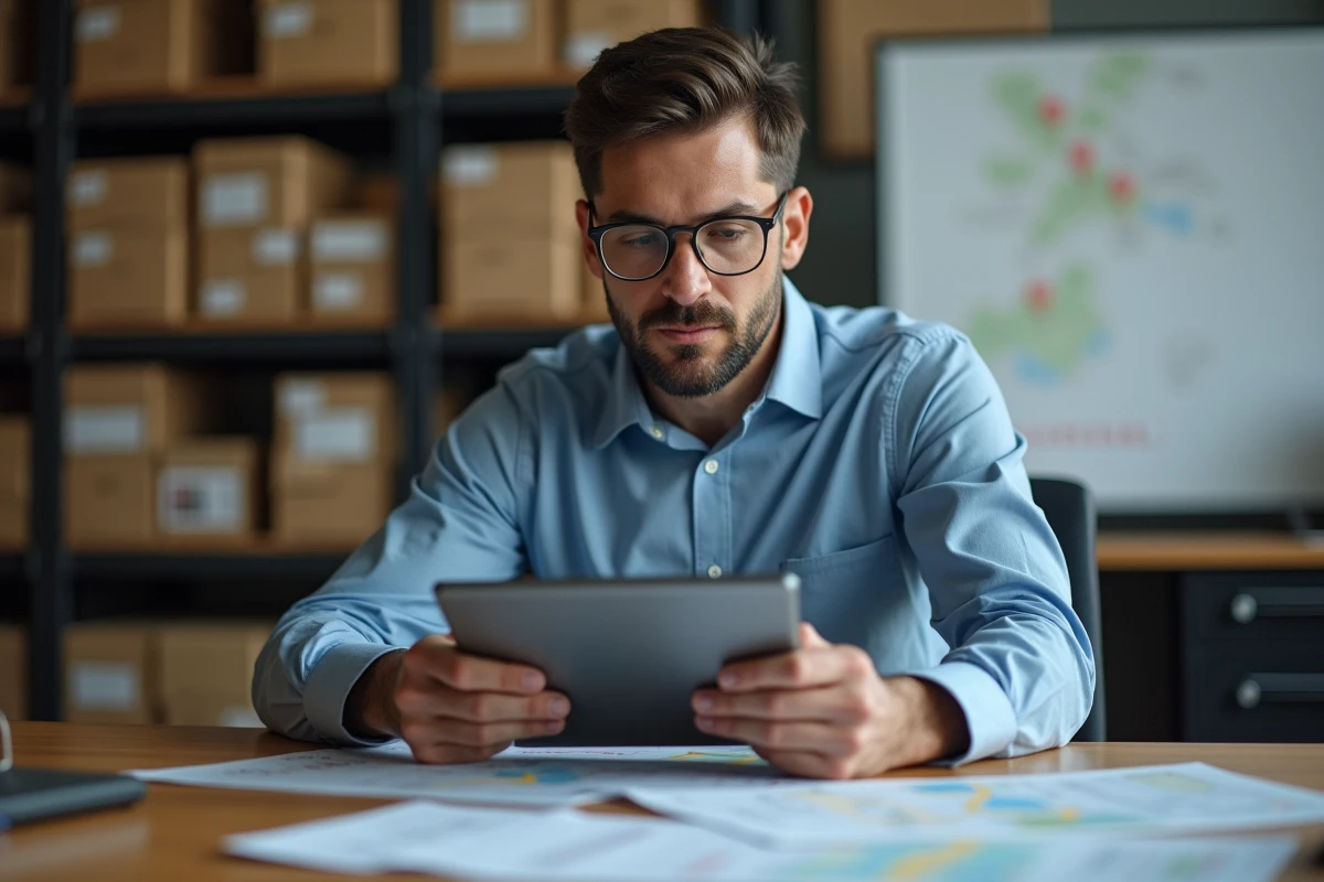 Coordinateur logistique postal optimisant des tournées de distribution sur tablette dans un bureau de tri La Poste