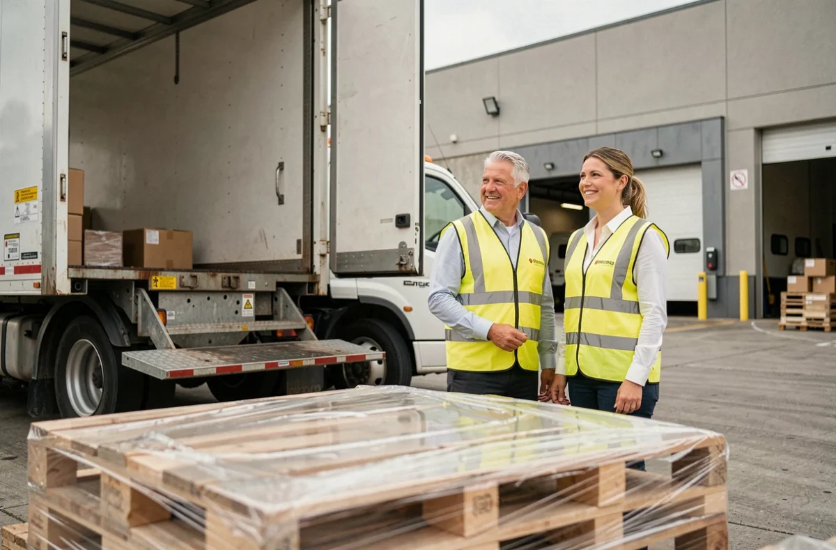Deux coordinateurs logistiques supervisant le déchargement d'un camion de livraison à quai d'un entrepôt, symbolisant la livraison à destination incluse dans l'Incoterm DDP