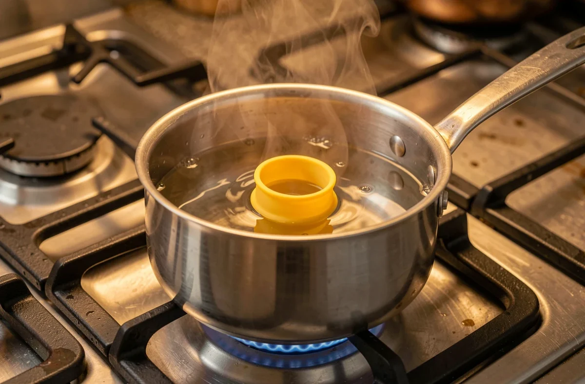 Coupe menstruelle en silicone stérilisée dans une casserole d'eau chaude