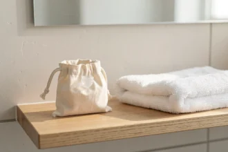 Coupe menstruelle rangée dans une pochette en coton sur une étagère