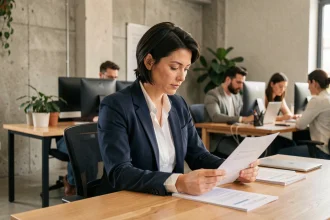 Créatrice d'entreprise consultant des documents administratifs liés au dispositif ACRE dans un espace de coworking moderne