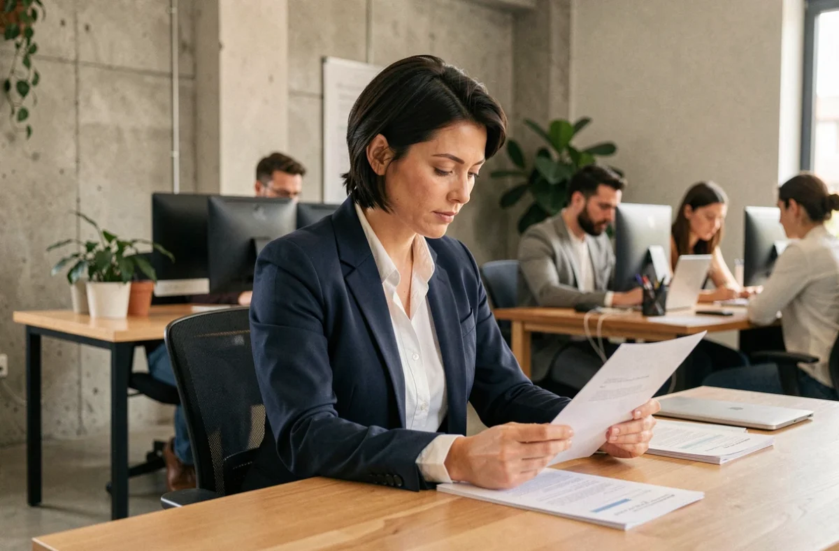 Créatrice d'entreprise consultant des documents administratifs liés au dispositif ACRE dans un espace de coworking moderne