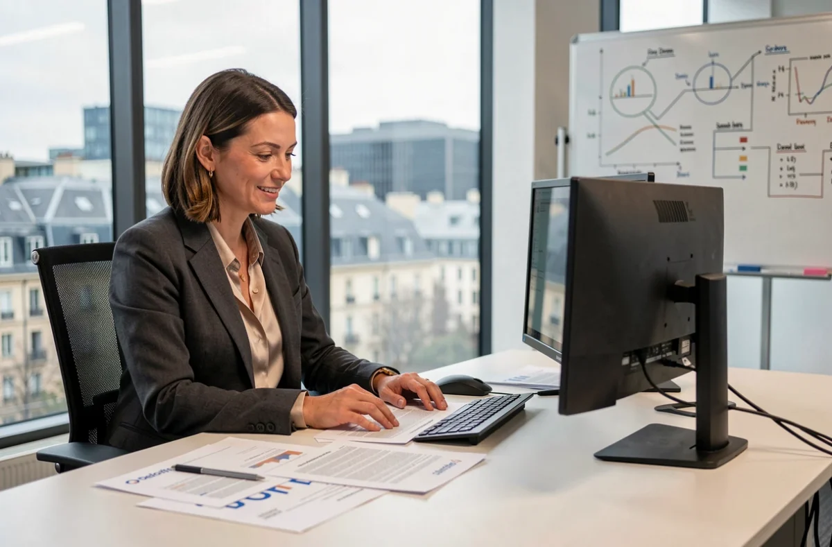 Consultante financière spécialisée en fusions-acquisitions dans un cabinet style Deloitte à Lyon, analysant des documents de grands comptes