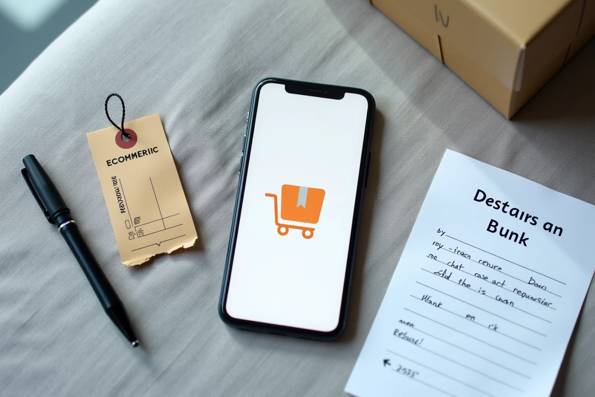 Smartphone montrant un service client e-commerce avec étiquette de colis Shein et demande de remboursement manuscrite