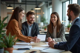 Collègues de bureau échangeant une carte d'adieu chaleureusement