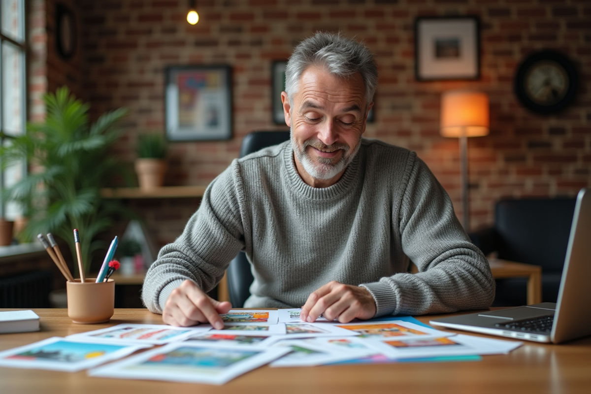 Designer graphique ajuste un flyer dans son studio chaleureux