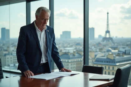 Dirigeant d'entreprise en costume bleu dans une salle de réunion moderne à Paris, illustrant la stratégie de direction de L'Oréal sous Nicolas Hieronimus