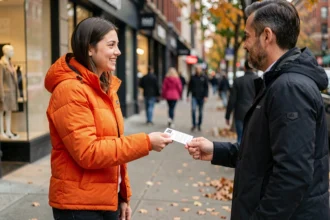 Jeune femme distribuant des flyers A6 en street marketing dans une rue commerçante animée