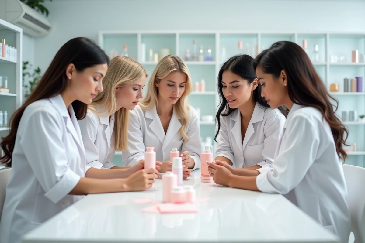 Groupe de femmes de différentes origines examinant des produits cosmétiques dans un laboratoire de beauté moderne, symbolisant l'engagement de L'Oréal pour la beauté inclusive
