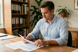 Homme examinant des documents légaux et un bail de location sur un bureau en bois pour domicilier son entreprise à son domicile