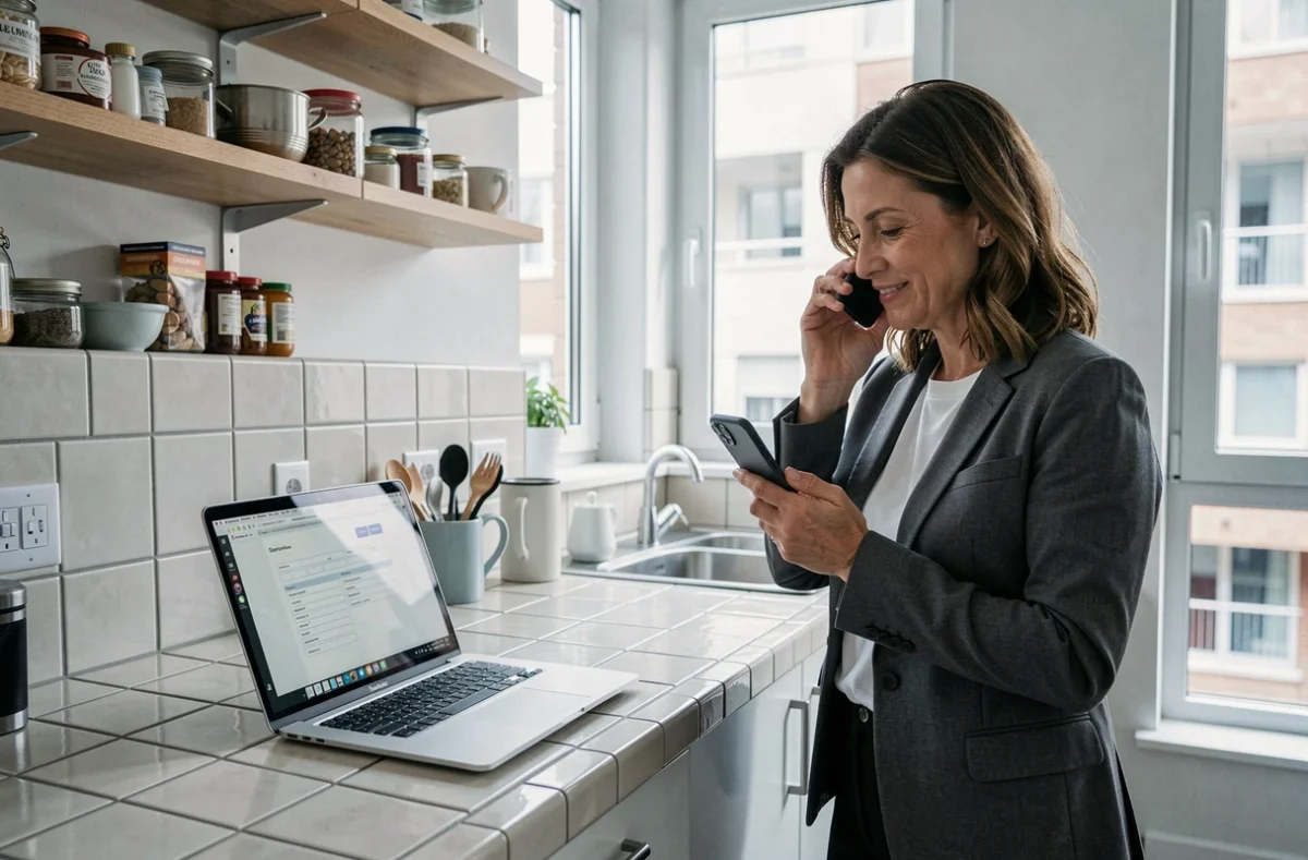Femme entrepreneur en appartement loué gérant la domiciliation de son entreprise depuis son domicile de locataire