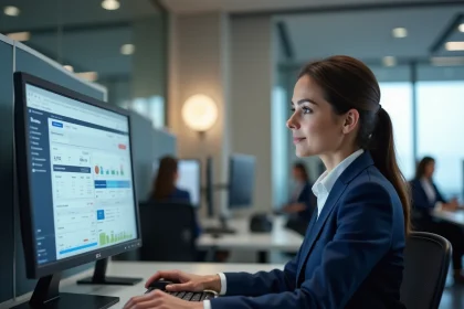 Hôtesse Air France consultant l'intranet de l'entreprise sur un écran d'ordinateur dans un bureau moderne en 2026