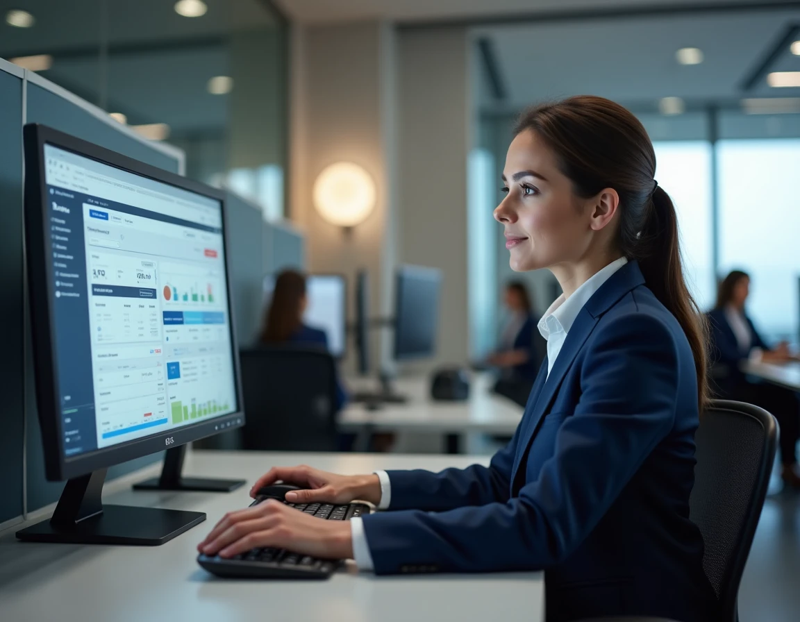 Hôtesse Air France consultant l'intranet de l'entreprise sur un écran d'ordinateur dans un bureau moderne en 2026