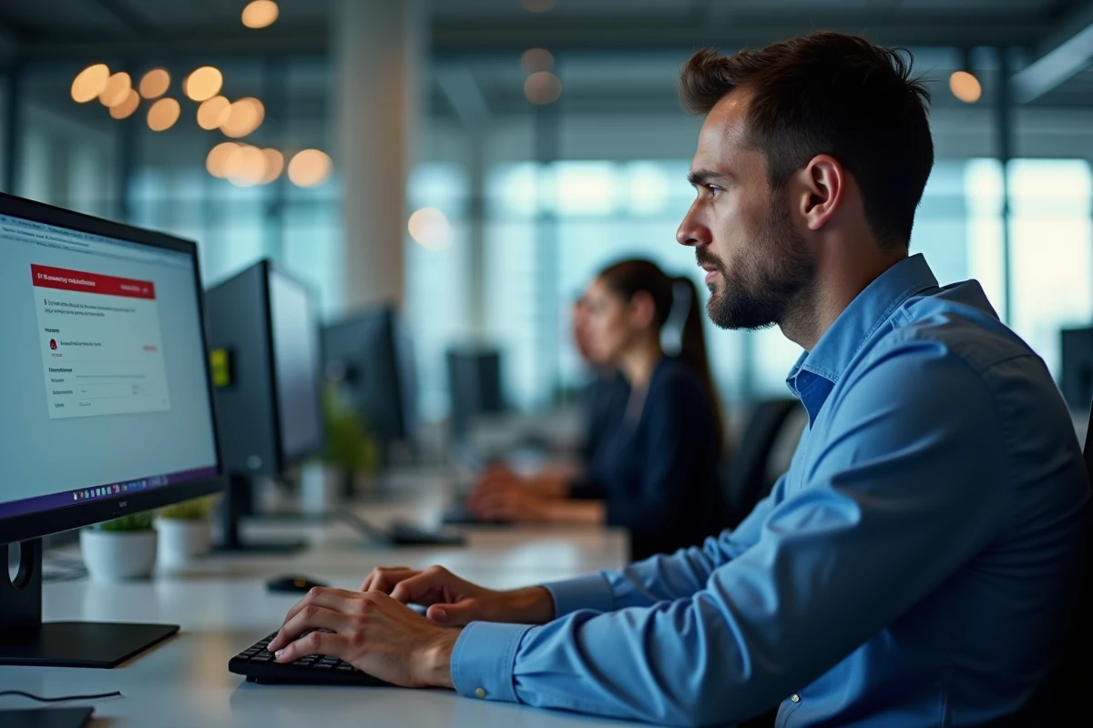 Employé de bureau tentant de se connecter à MyPeopleDoc sur un ordinateur professionnel avec un message d'erreur visible