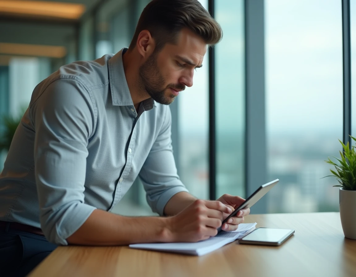Employé accédant à son coffre-fort numérique Silae via une tablette dans un bureau moderne