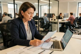 Employée du CSE Chronopost analysant les avantages conventionnels dans un bureau moderne