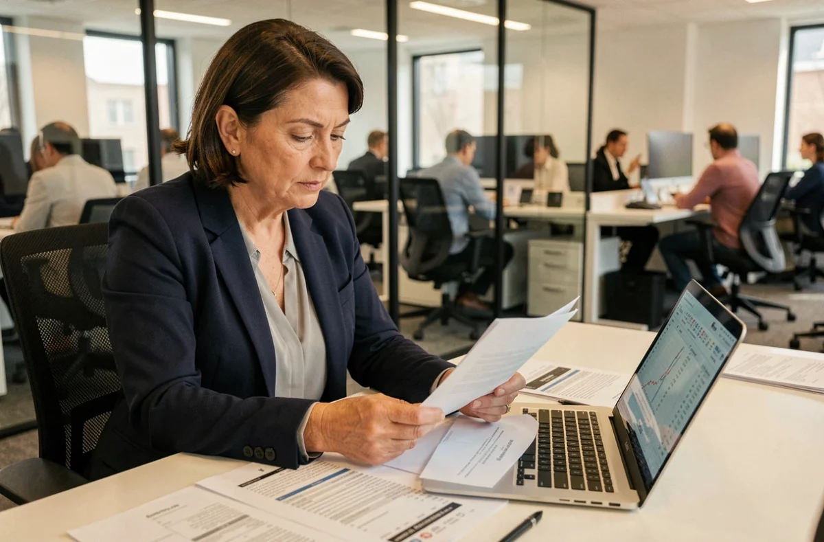 Employée du CSE Chronopost analysant les avantages conventionnels dans un bureau moderne